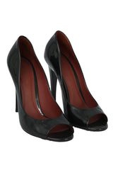 Bottega Veneta Black 37.5 Patent Leather Peep Toe Heels
