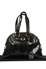 Yves Saint Laurent Crocodile Embossed Muse Black Patent Leather Bag