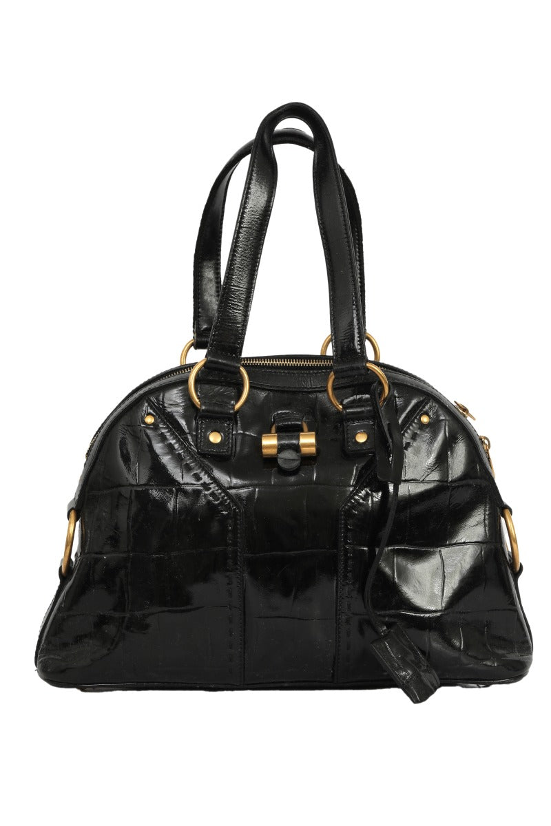 Yves Saint Laurent Crocodile Embossed Muse Black Patent Leather Bag
