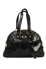 Yves Saint Laurent Crocodile Embossed Muse Black Patent Leather Bag