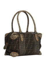 Fendi Zucca Mixed Media Boston Tabacco Brown Bag