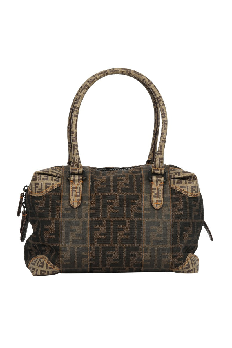 Fendi Zucca Mixed Media Boston Tabacco Brown Bag