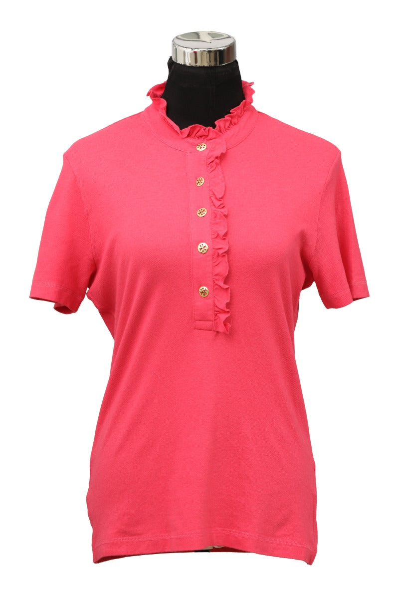 Tory Burch Size L Ruffle Trim Polo Shirt