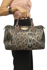 Roberto Cavalli Brown Gold Leopard Printed Leather Boston Hand Bag