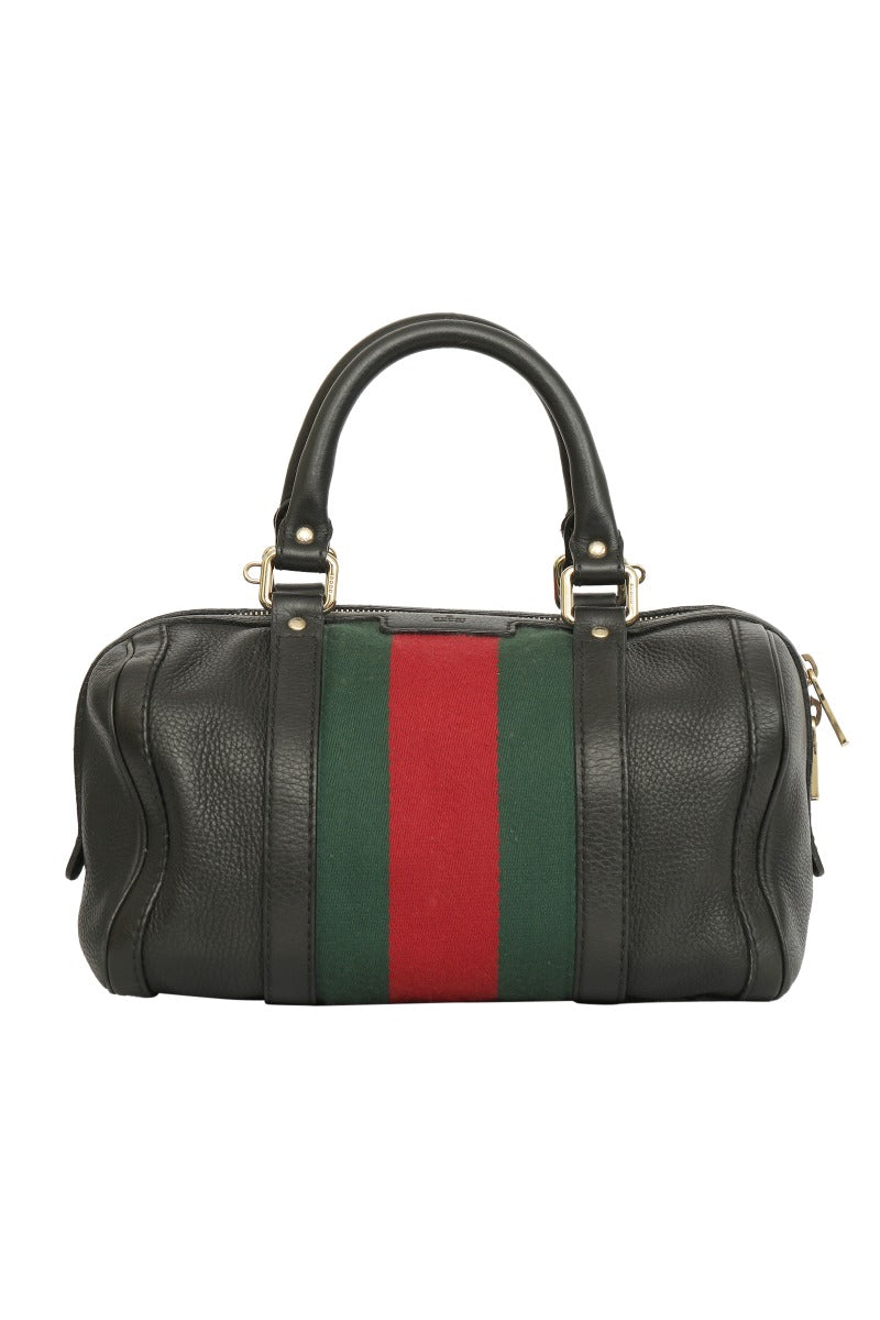Gucci Black Leather Web Boston Bag