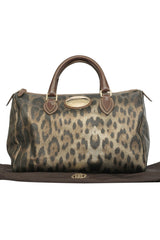Roberto Cavalli Brown Gold Leopard Printed Leather Boston Hand Bag