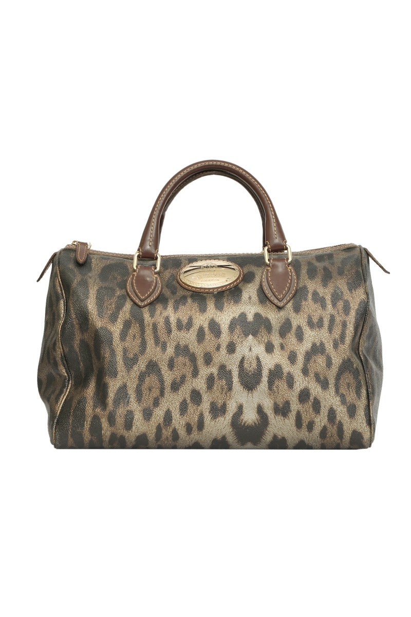 Roberto Cavalli Brown Gold Leopard Printed Leather Boston Hand Bag