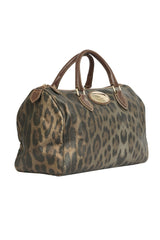 Roberto Cavalli Brown Gold Leopard Printed Leather Boston Hand Bag