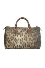 Roberto Cavalli Brown Gold Leopard Printed Leather Boston Hand Bag