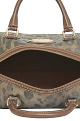 Roberto Cavalli Brown Gold Leopard Printed Leather Boston Hand Bag