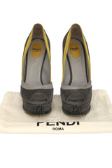 Fendi EU 37.5 Gray/Green Suede Peep Toe Heels