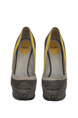 Fendi EU 37.5 Gray/Green Suede Peep Toe Heels