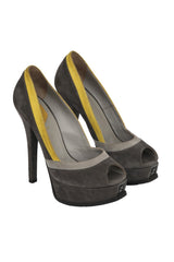 Fendi EU 37.5 Gray/Green Suede Peep Toe Heels