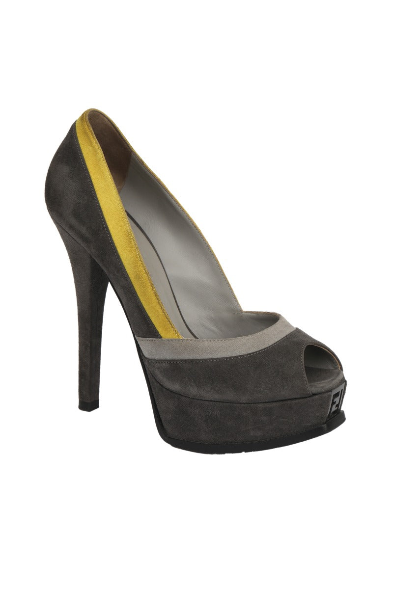Fendi EU 37.5 Gray/Green Suede Peep Toe Heels