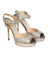Jimmy Choo EU 38.5 Silver Glitter Linda Ankle Strap Heels