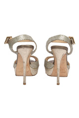 Jimmy Choo EU 38.5 Silver Glitter Linda Ankle Strap Heels