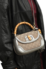Gucci Bamboo Monogram Silver And Beige Top Handle Bag