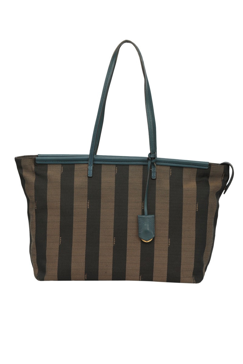 Fendi Stripped Brown/Black Pequin Canvas Leather Roll Tote Bag