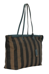 Fendi Stripped Brown/Black Pequin Canvas Leather Roll Tote Bag