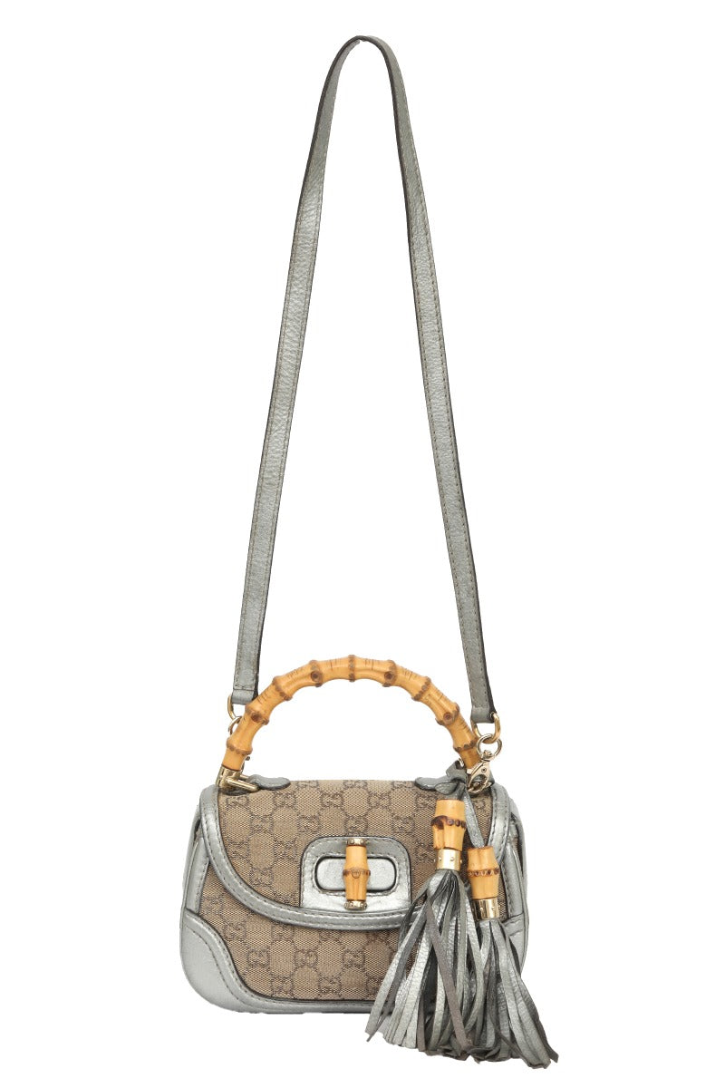 Gucci Bamboo Monogram Silver And Beige Top Handle Bag