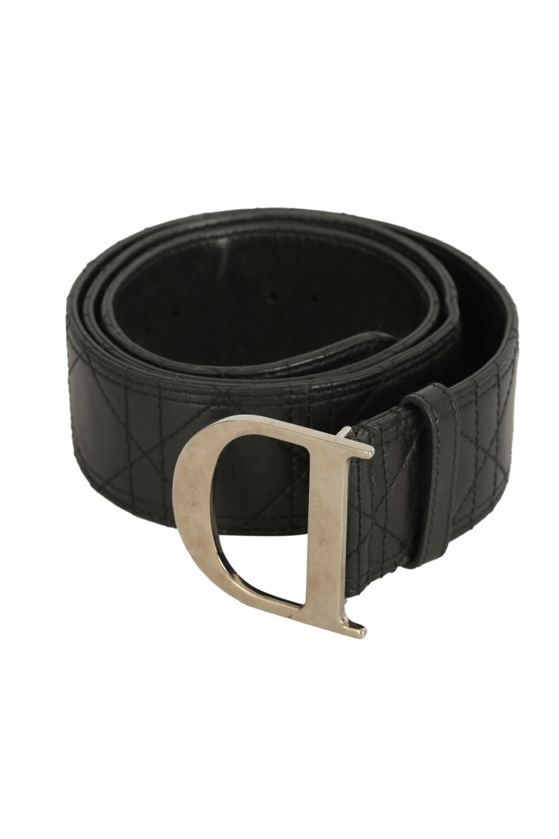Christian Dior 85 Cm/34 Inches Black Leather Quilted Leather Logo Belt