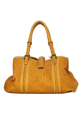 Bottega Veneta Yellow Leather Roma Intrecciato Tote Bag