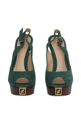 Fendi Size 39.5 Green Suede Peep Toe Heels
