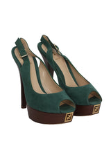 Fendi Size 39.5 Green Suede Peep Toe Heels