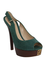 Fendi Size 39.5 Green Suede Peep Toe Heels