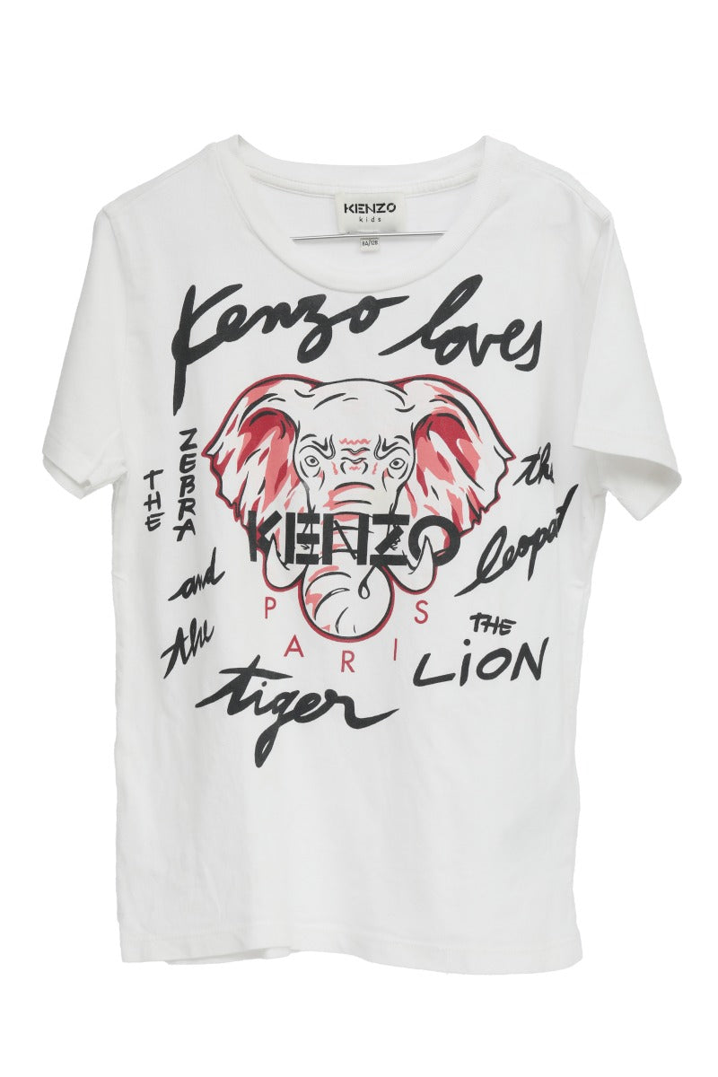 Kenzo Size 8 Years Old White Loves & Elephant Kids T Shirt