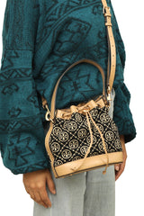 Tory Burch Black Leather / Fabric Monogram Bucket Bag