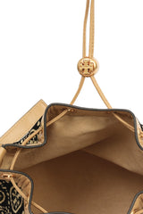 Tory Burch Black Leather / Fabric Monogram Bucket Bag