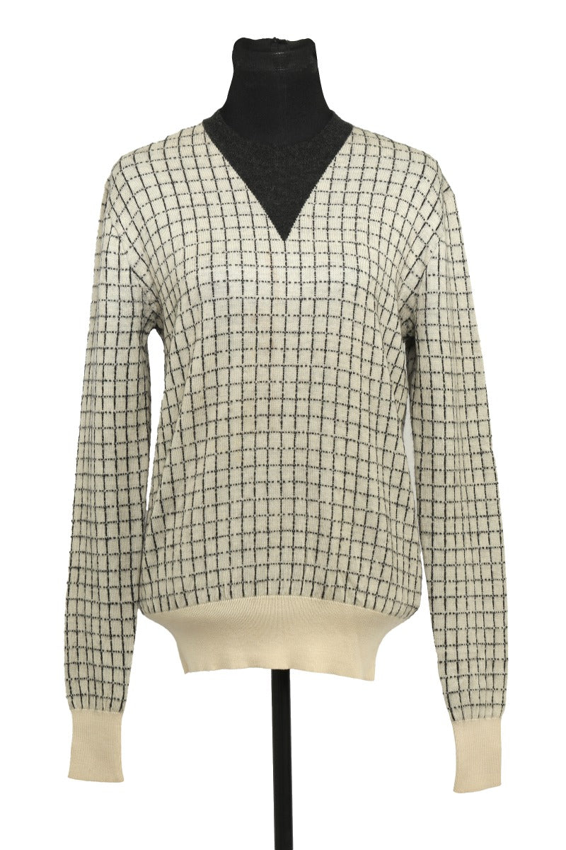 Burberry Size L Plaid V-Neck White Merino Wool & Cashmere Sweater