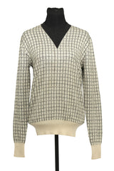 Burberry Size L Plaid V-Neck White Merino Wool & Cashmere Sweater