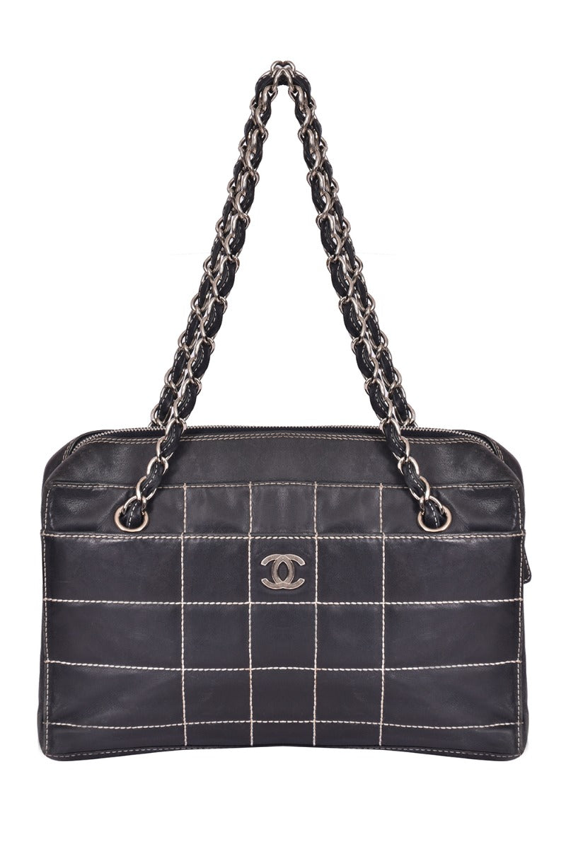 Chanel Black Leather Stitch Double Chain Handbag