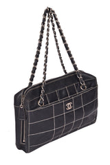 Chanel Black Leather Stitch Double Chain Handbag