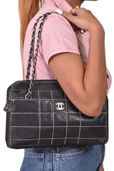 Chanel Black Leather Stitch Double Chain Handbag