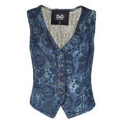 D&G Indigo Printed Washed Denim Lace Back Waist Coat