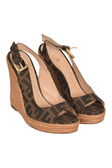 Fendi Brown Zucca Canvas Espadrille Wedge Slingbacks