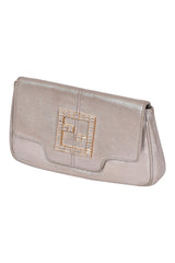 Fendi Metallic Crystal Logo Fabric Flap Clutch