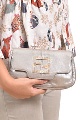 Fendi Metallic Crystal Logo Fabric Flap Clutch