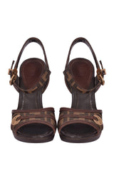 Fendi Tobacco Zucca Canvas Peep Toe Slingback Sandals