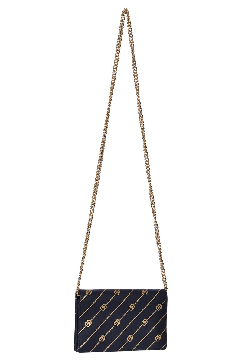 Gucci Black & Gold Calfskin Diagonal Gg Mini Chain Wallet