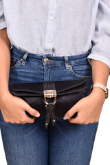 Gucci Black Satin & Snakeskin Bamboo Croisette Clutch