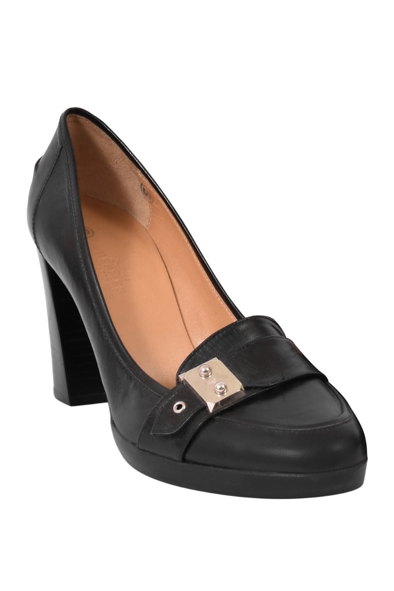 Hermes Black Leather Block Heels