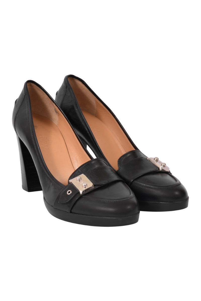 Hermes Black Leather Block Heels