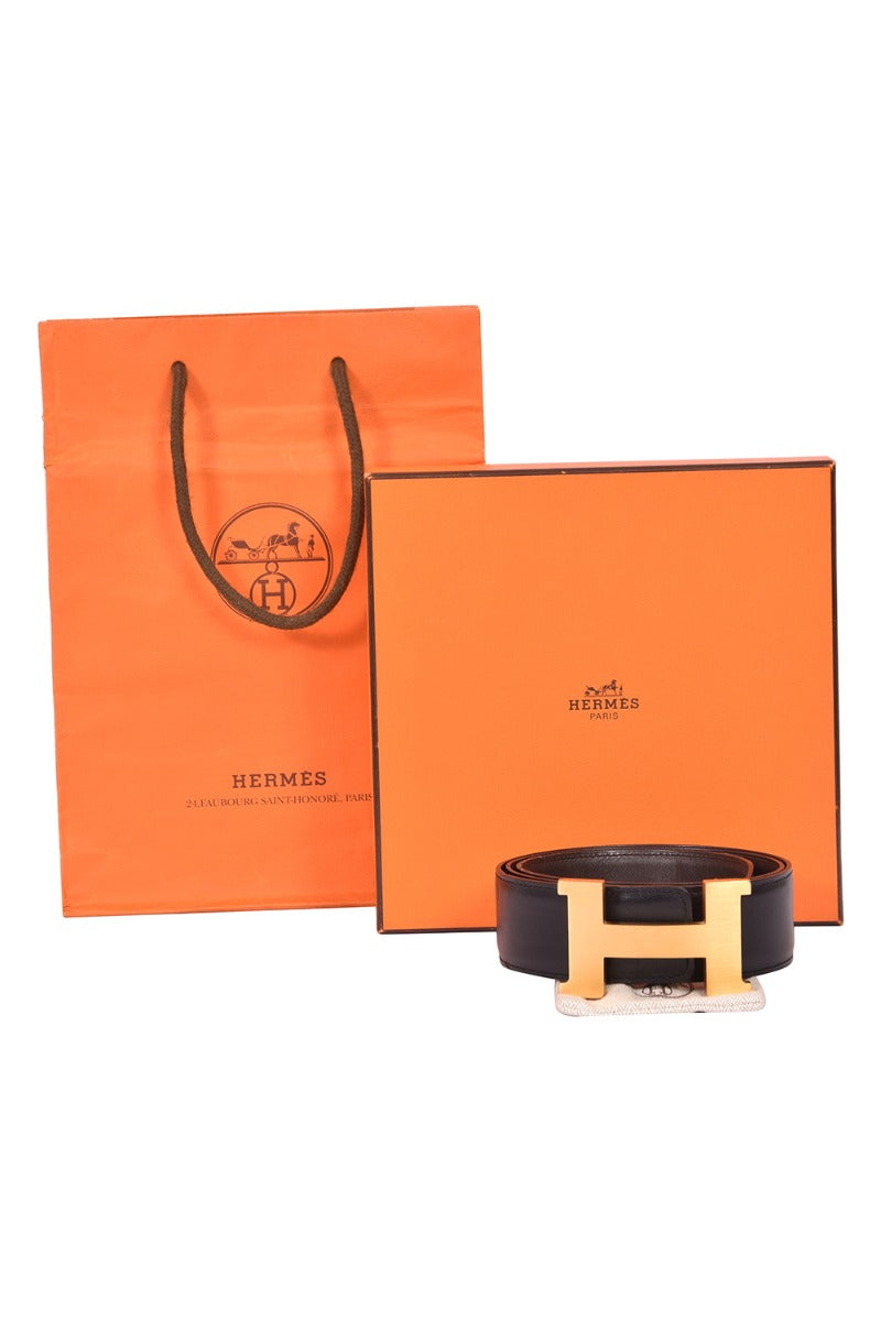 Hermes H Golden Buckle Reversibile Black Leather Belt