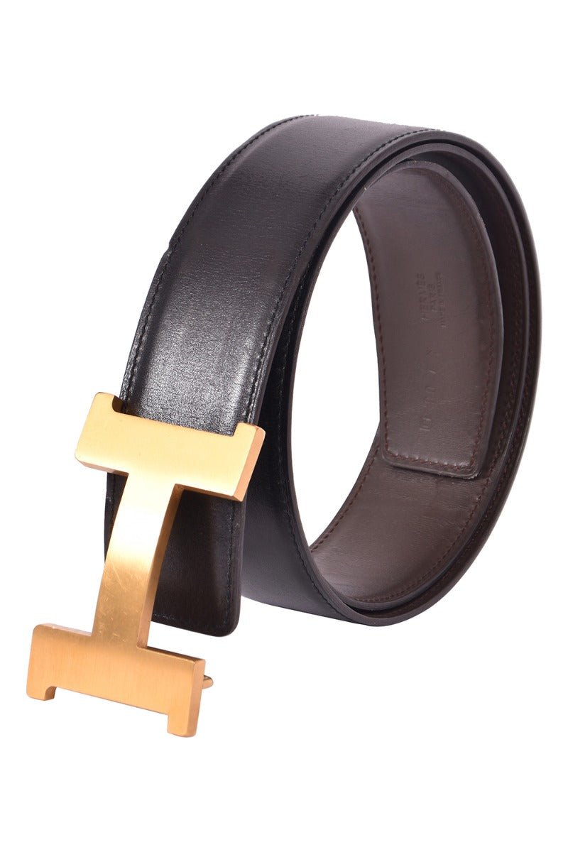 Hermes H Golden Buckle Reversibile Black Leather Belt