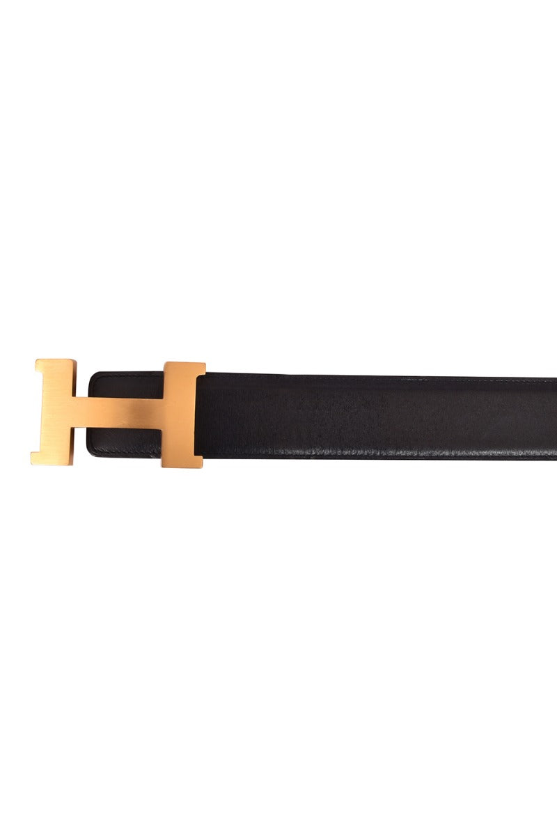Hermes H Golden Buckle Reversibile Black Leather Belt