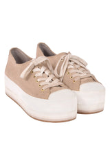 Michael Kors Canvas Lace Up Beige Platform Sneakers